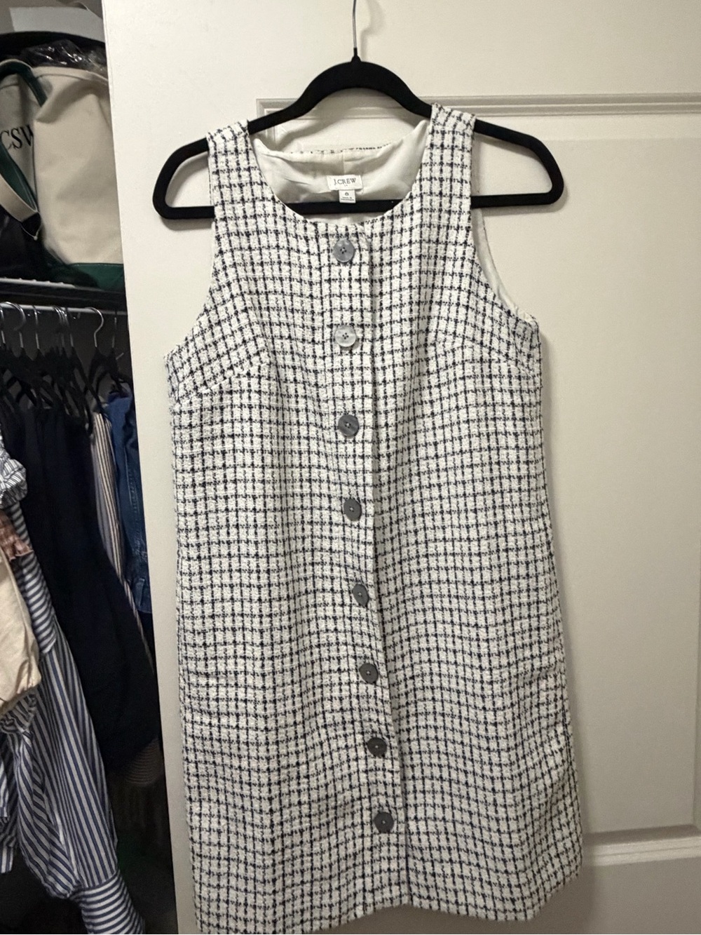 J. Crew White and Navy Tweed Button-Front Shift Dress